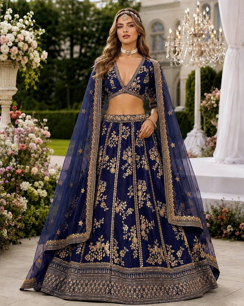 Navy Blue Embriodered Heavy Art Silk Lehenga With Blouse