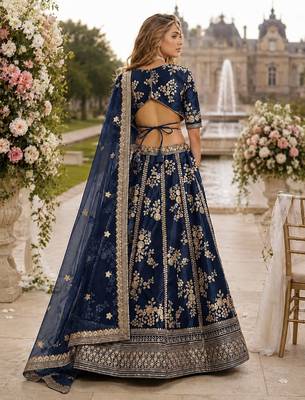 Navy Blue Embriodered Heavy Art Silk Lehenga With Blouse 2