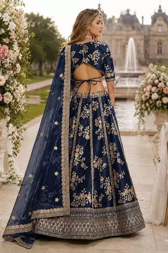 Navy Blue Embriodered Heavy Art Silk Lehenga With Blouse
