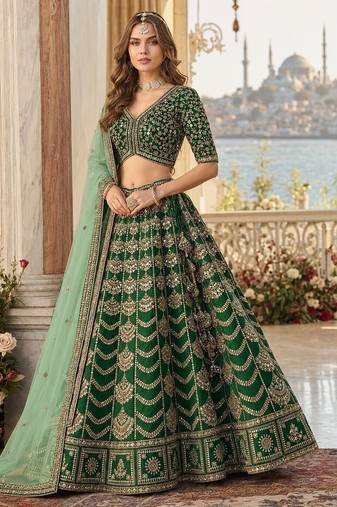Mehendi Art Silk Semi Stitched Lehenga Choli with Heavy Embroidery Work