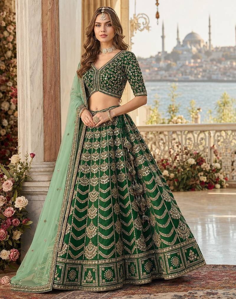Mehendi Art Silk Semi Stitched Lehenga Choli with Heavy Embroidery Work