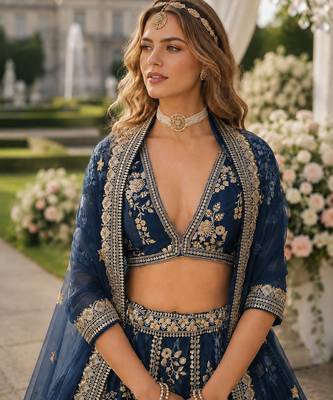 Navy Blue Embriodered Heavy Art Silk Lehenga With Blouse 3