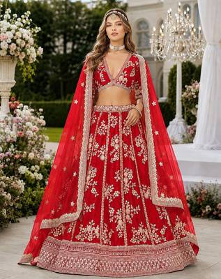 Red Embriodered Heavy Art Silk Lehenga With Blouse 1