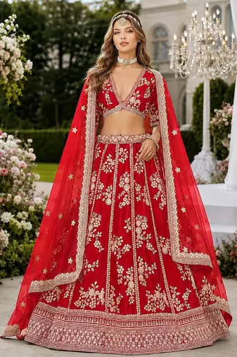 Red Embriodered Heavy Art Silk Lehenga With Blouse