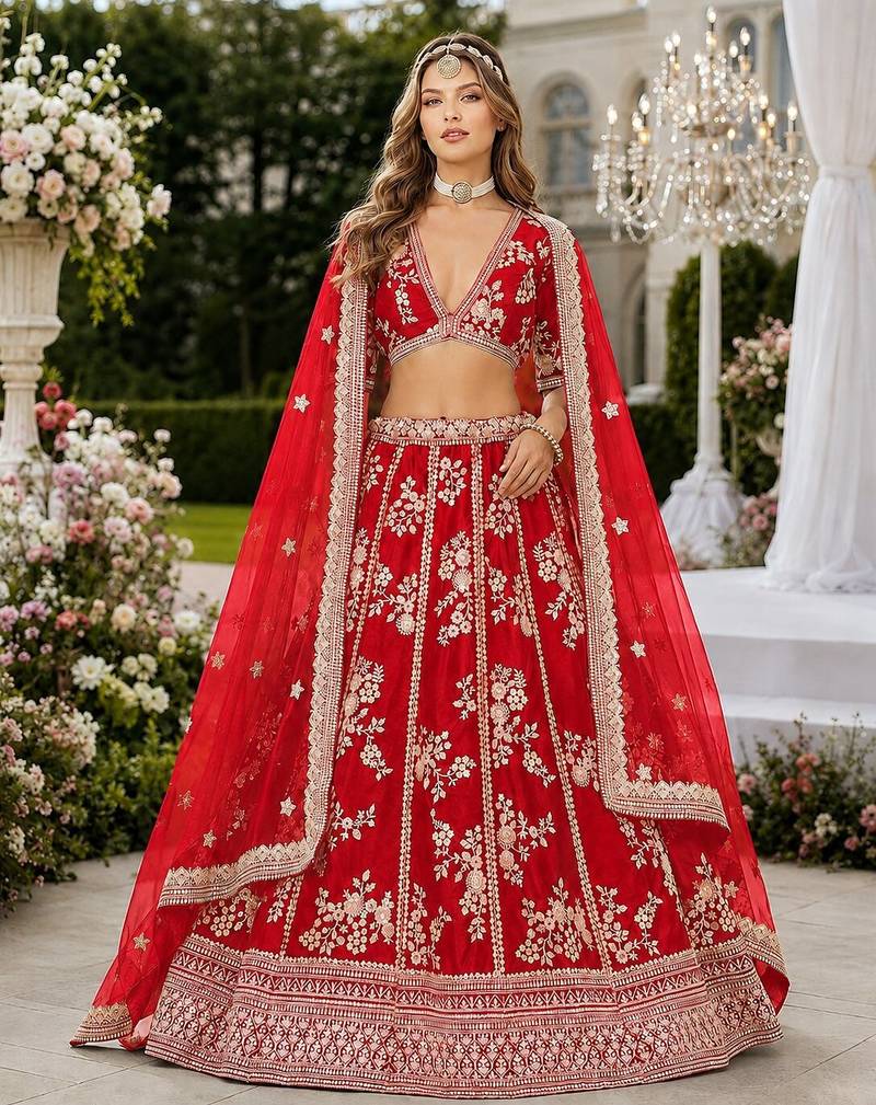 Red Embriodered Heavy Art Silk Lehenga With Blouse