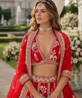 Red Embriodered Heavy Art Silk Lehenga With Blouse 3