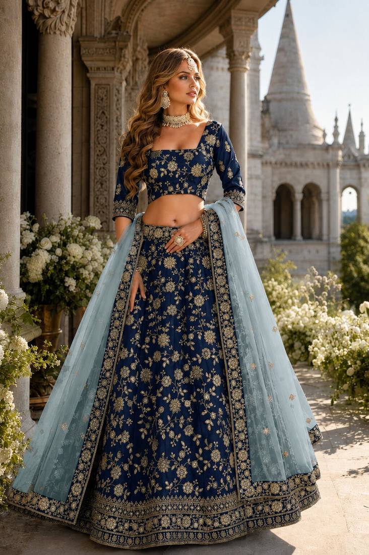 Navy Blue Art Silk Lehenga With Blouse