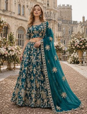 Teal Green Embroidered Heavy Art Silk Designer Lehenga With Blouse 1