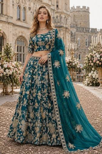 Teal Green Embroidered Heavy Art Silk Designer Lehenga With Blouse