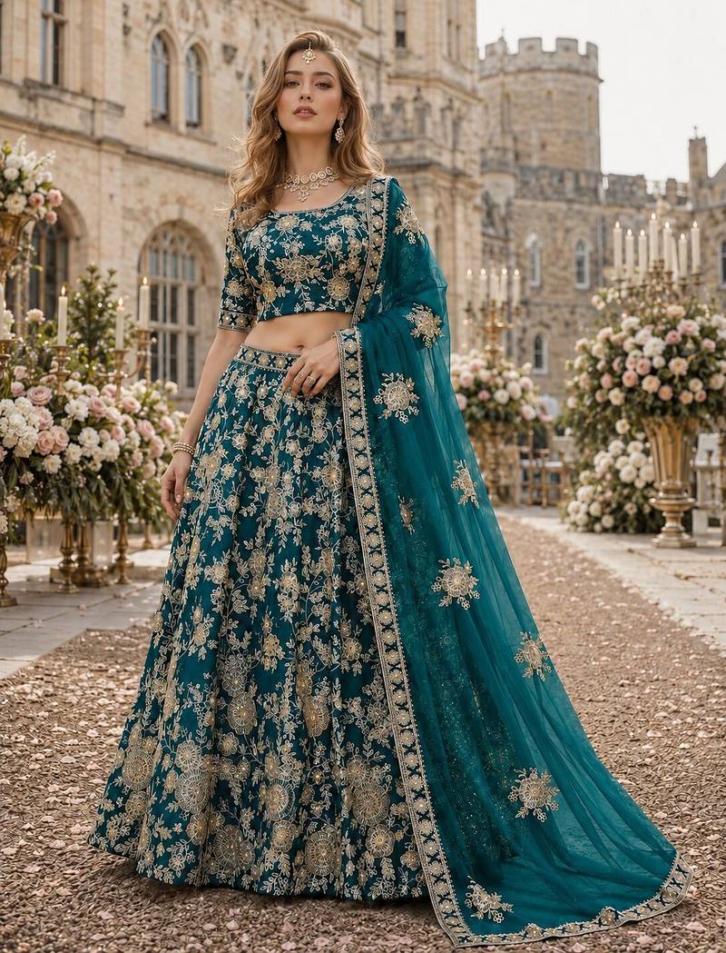 Teal Green Embroidered Heavy Art Silk Designer Lehenga With Blouse