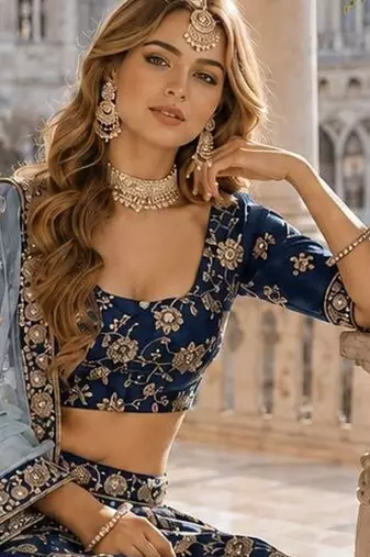 Navy Blue Art Silk Lehenga With Blouse