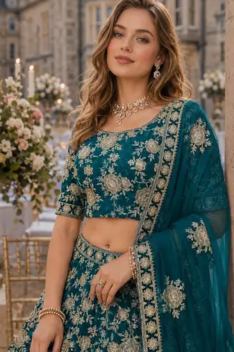 Teal Green Embroidered Heavy Art Silk Designer Lehenga With Blouse