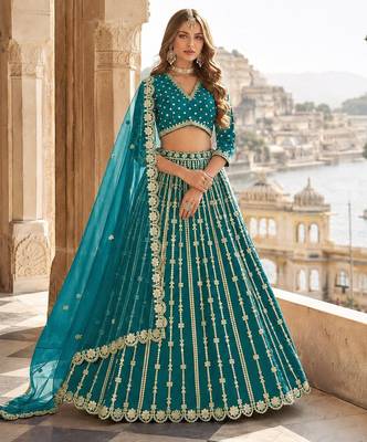 Teal Green Art Silk Semi Stitched Lehenga Choli With Embroidert Work 1