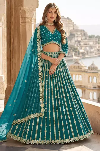 Teal Green Art Silk Semi Stitched Lehenga Choli With Embroidert Work