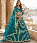 Teal Green Art Silk Semi Stitched Lehenga Choli With Embroidert Work