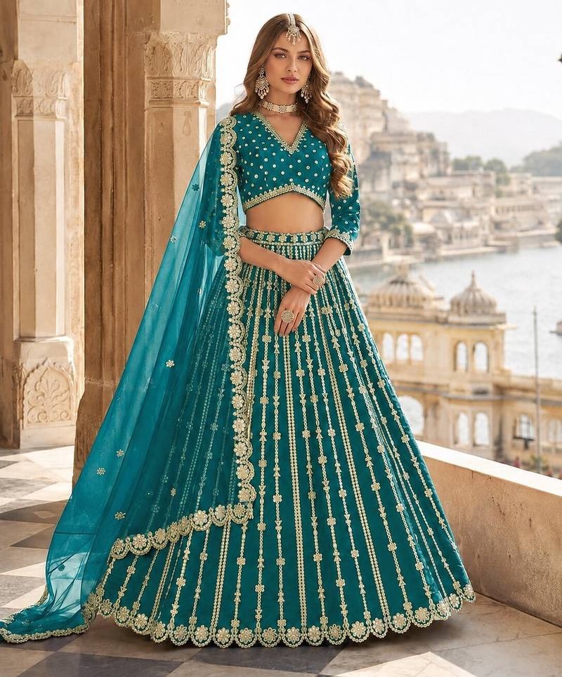 Teal Green Art Silk Semi Stitched Lehenga Choli With Embroidert Work