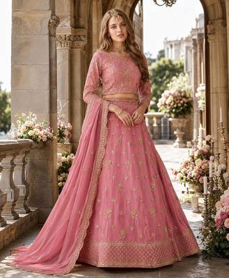 Pink Organza Semi Stitched Lehenga Choli with Heavy Embroidery Work 1