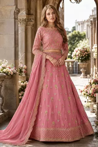 Pink Organza Semi Stitched Lehenga Choli with Heavy Embroidery Work