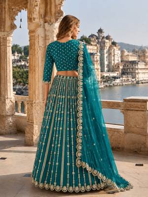 Teal Green Art Silk Semi Stitched Lehenga Choli With Embroidert Work 2