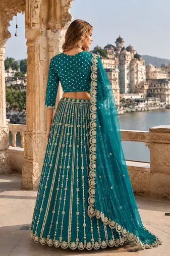 Teal Green Art Silk Semi Stitched Lehenga Choli With Embroidert Work