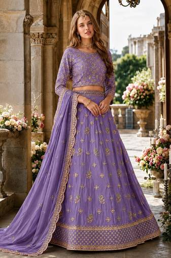 Lavender Organza Semi Stitched Lehenga Choli with Heavy Embroidery Work