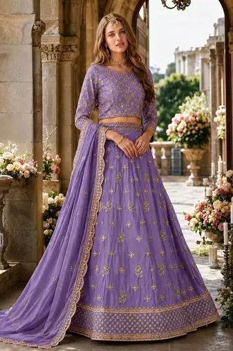 Lavender Organza Semi Stitched Lehenga Choli with Heavy Embroidery Work