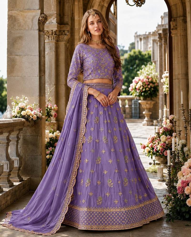 Lavender Organza Semi Stitched Lehenga Choli with Heavy Embroidery Work