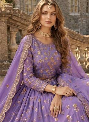 Lavender Organza Semi Stitched Lehenga Choli with Heavy Embroidery Work 3