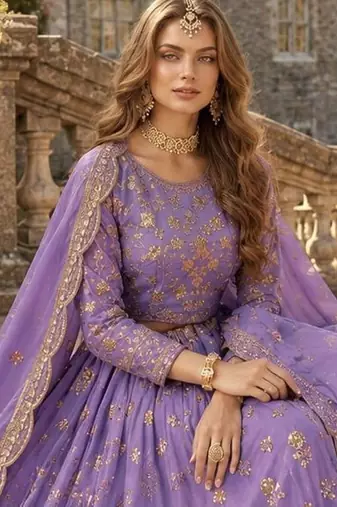 Lavender Organza Semi Stitched Lehenga Choli with Heavy Embroidery Work