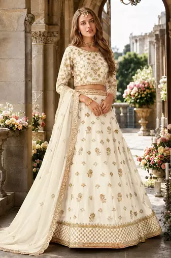 White Organza Semi Stitched Lehenga Choli with Heavy Embroidery Work