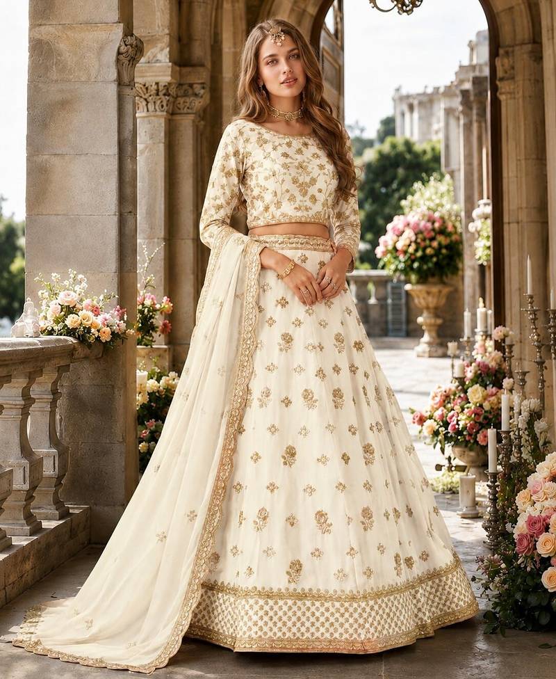 White Organza Semi Stitched Lehenga Choli with Heavy Embroidery Work
