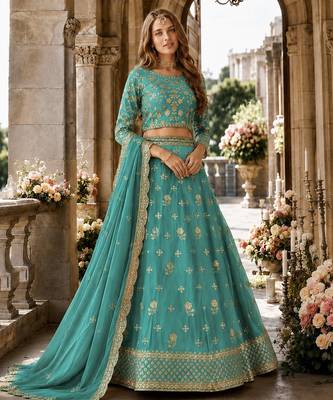 Sky Blue Organza Semi Stitched Lehenga Choli with Heavy Embroidery Work 1