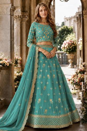 Sky Blue Organza Semi Stitched Lehenga Choli with Heavy Embroidery Work