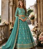 Sky Blue Organza Semi Stitched Lehenga Choli with Heavy Embroidery Work