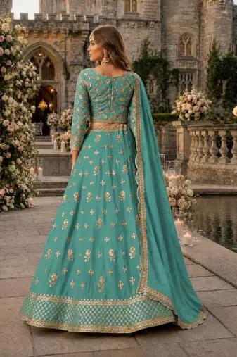 Sky Blue Organza Semi Stitched Lehenga Choli with Heavy Embroidery Work
