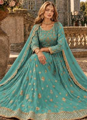 Sky Blue Organza Semi Stitched Lehenga Choli with Heavy Embroidery Work 3
