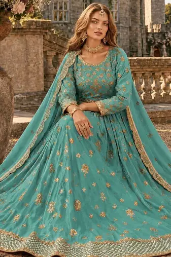 Sky Blue Organza Semi Stitched Lehenga Choli with Heavy Embroidery Work