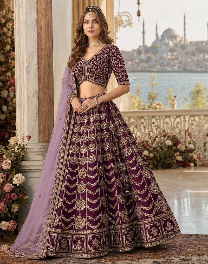 D Purple Art Silk Semi Stitched Lehenga Choli with Heavy Embroidery Work