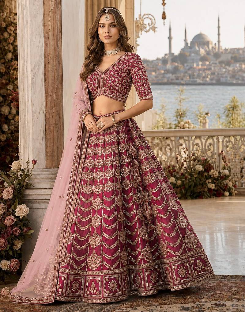 Maroon Art Silk Semi Stitched Lehenga Choli with Heavy Embroidery Work