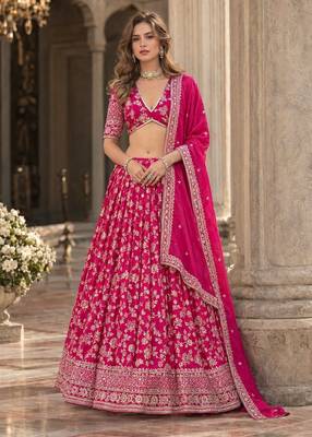 Magenta Dola Silk Semi Stitched Lehenga Choli with Heavy Embroidery Work 1