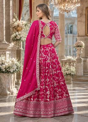 Magenta Dola Silk Semi Stitched Lehenga Choli with Heavy Embroidery Work 2