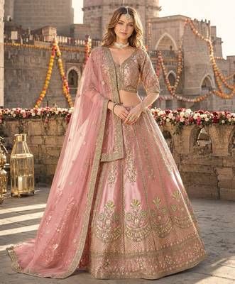 Pink Art Silk Semi Stitched Lehenga Choli with Heavy Embroidery Work 1