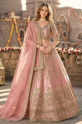 Pink Art Silk Semi Stitched Lehenga Choli with Heavy Embroidery Work