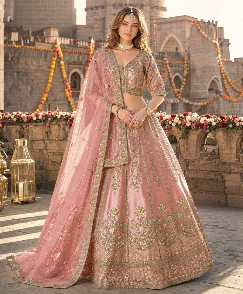 Pink Art Silk Semi Stitched Lehenga Choli with Heavy Embroidery Work