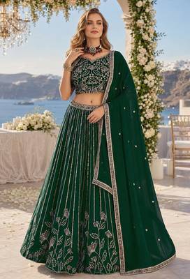 D Green Faux Georgette Semi Stitched Lehenga Choli with Embroidered & Sequence Work 1
