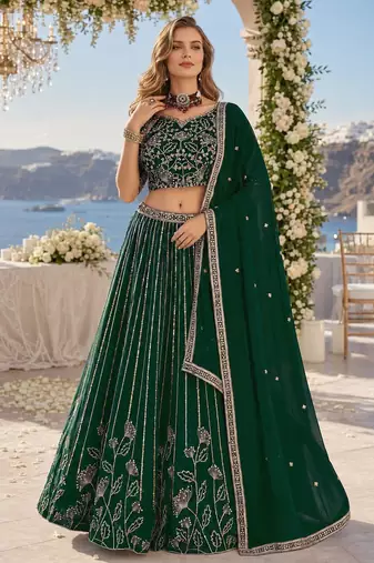 D Green Faux Georgette Semi Stitched Lehenga Choli with Embroidered & Sequence Work