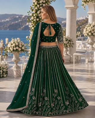 D Green Faux Georgette Semi Stitched Lehenga Choli with Embroidered & Sequence Work 2