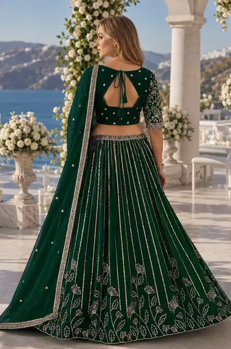 D Green Faux Georgette Semi Stitched Lehenga Choli with Embroidered & Sequence Work