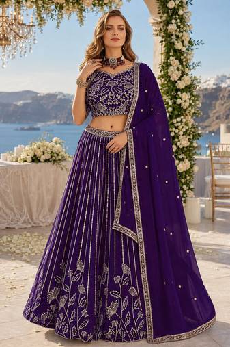 Violet Faux Georgette Semi Stitched Lehenga Choli with Embroidered & Sequin Work