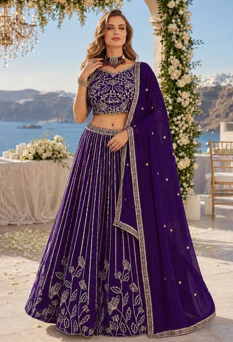 Violet Faux Georgette Semi Stitched Lehenga Choli with Embroidered & Sequin Work